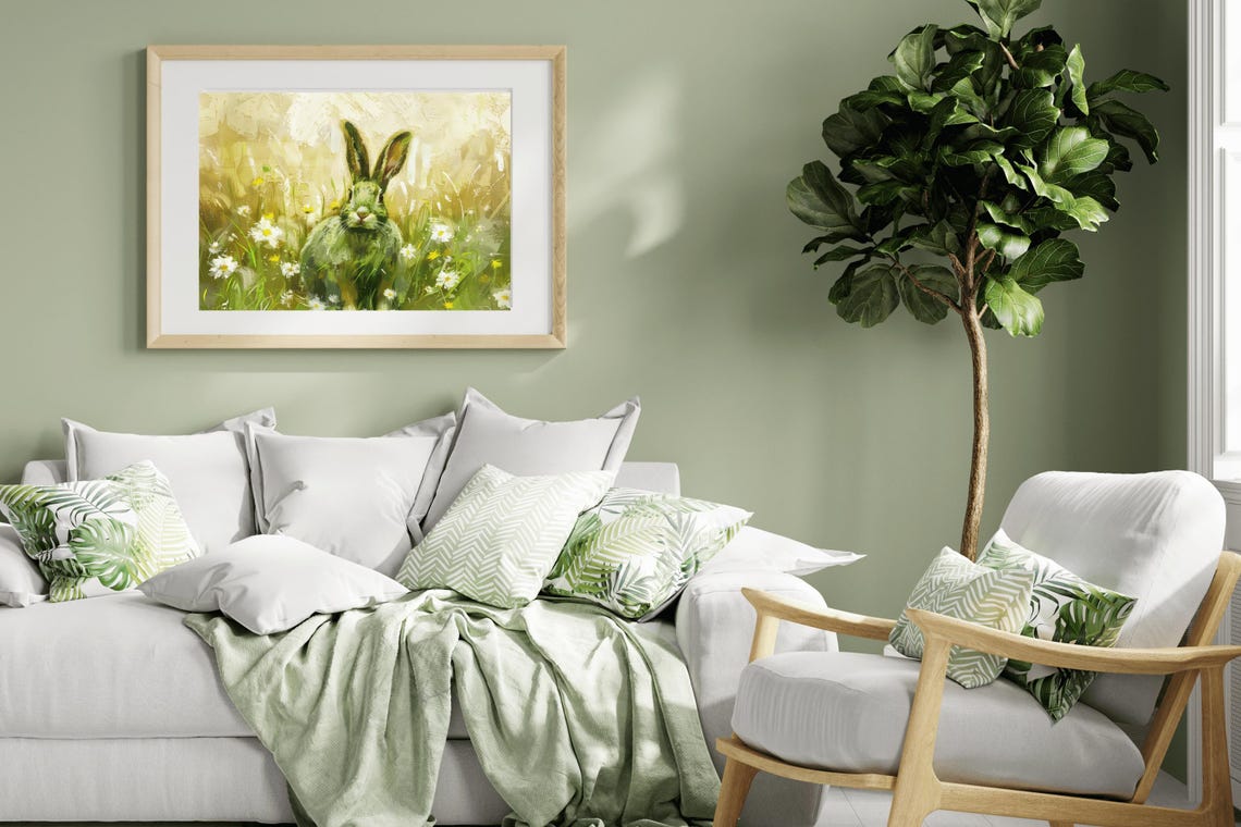 Green Bunny Among Daisies Vintage Spring Wildflower Rabbit Art Poster - Image 5