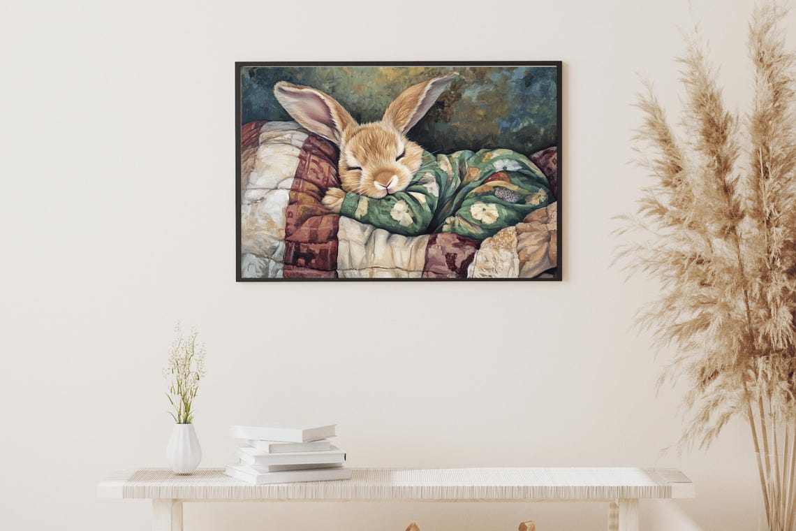 Sleeping Bunny In Green Pajamas On Cozy Quilt Vintage Wall Art Poster - Image 3