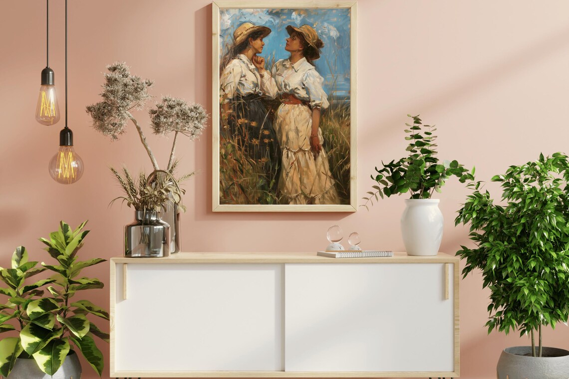 Two Young Women Golden Field Vintage Figurative Oil Painting Print - Image 2