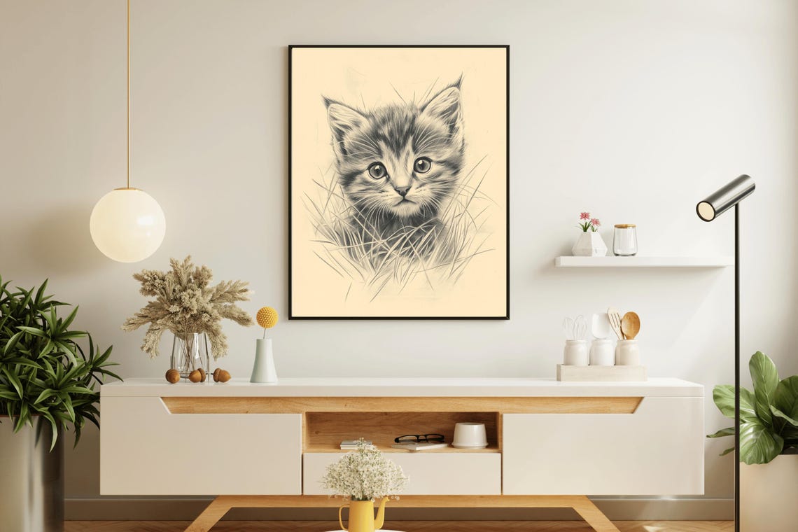 Cute Kitten Pencil Sketch Vintage Cat Drawing Nursery Wall Art Poster - Image 5