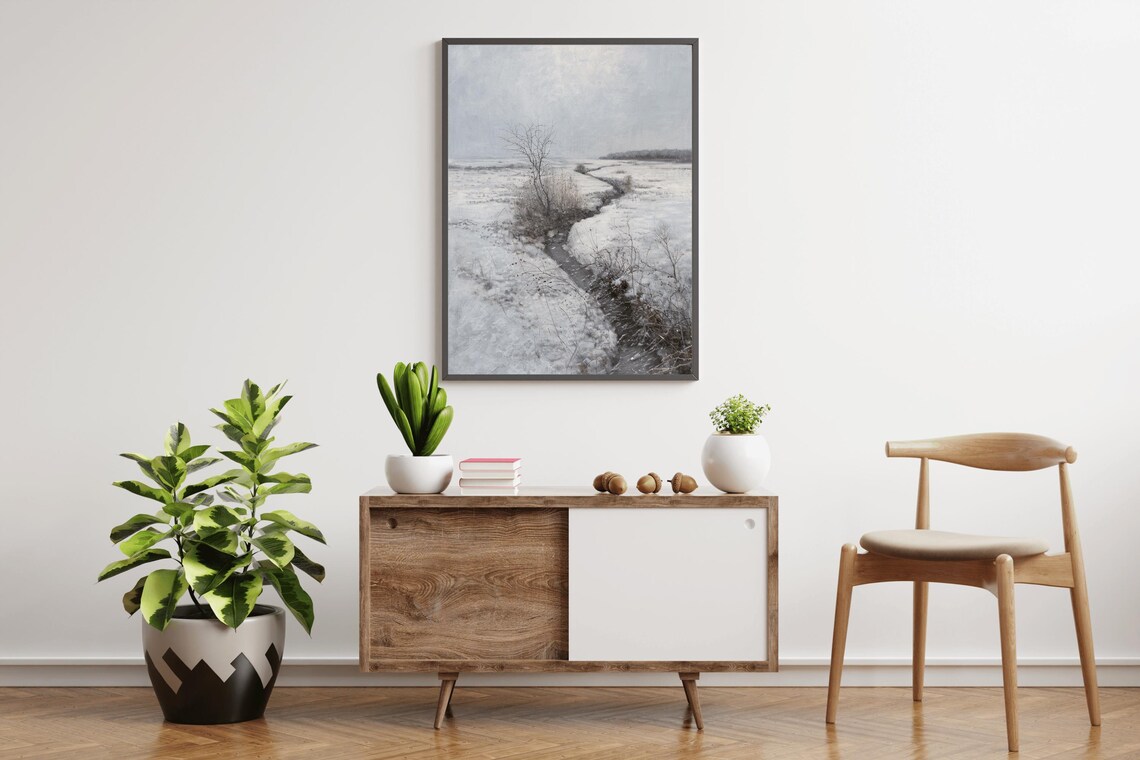 Snowy Field Winding Stream Minimalist Winter Vintage Oil Painting - Image 3