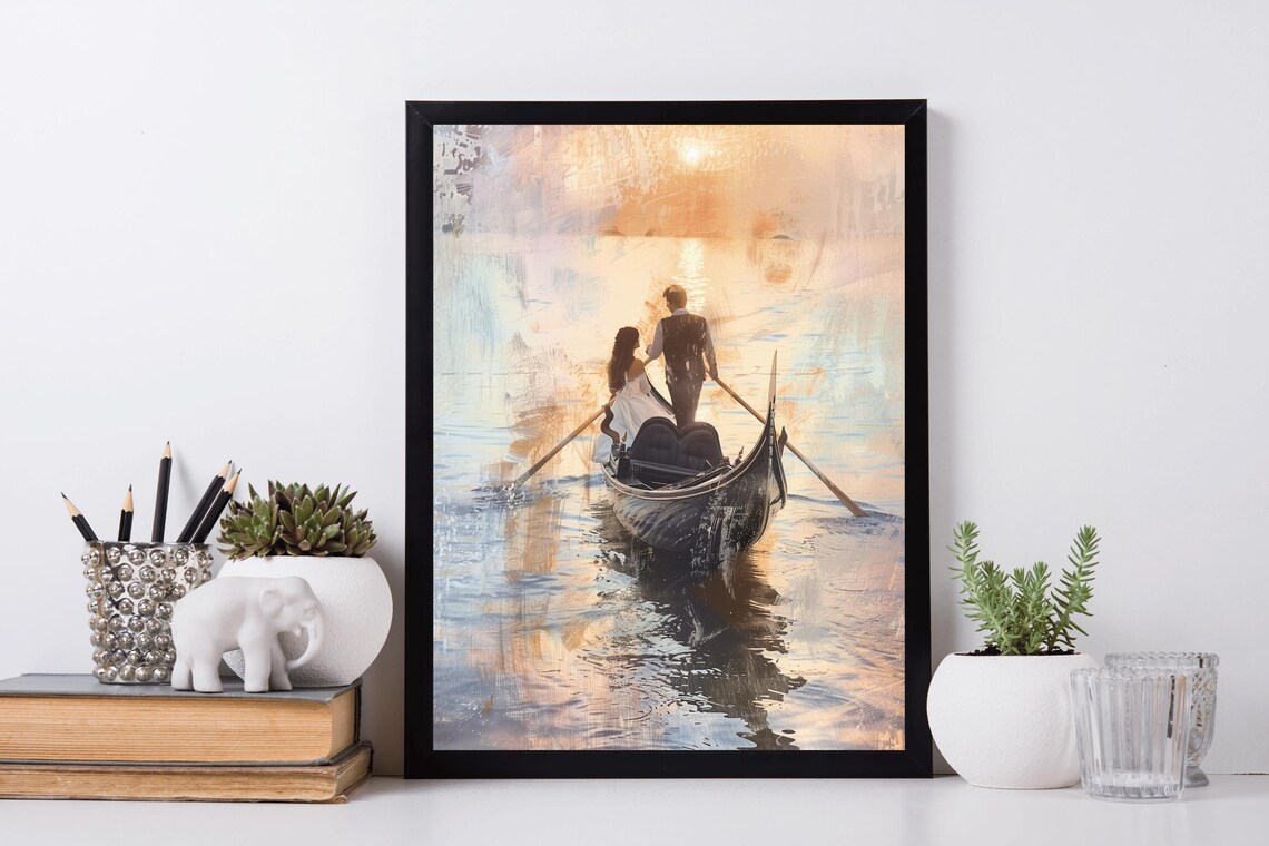 Romantic Couple Gondola Ride Golden Sunset Vintage Oil Painting Print - Image 5