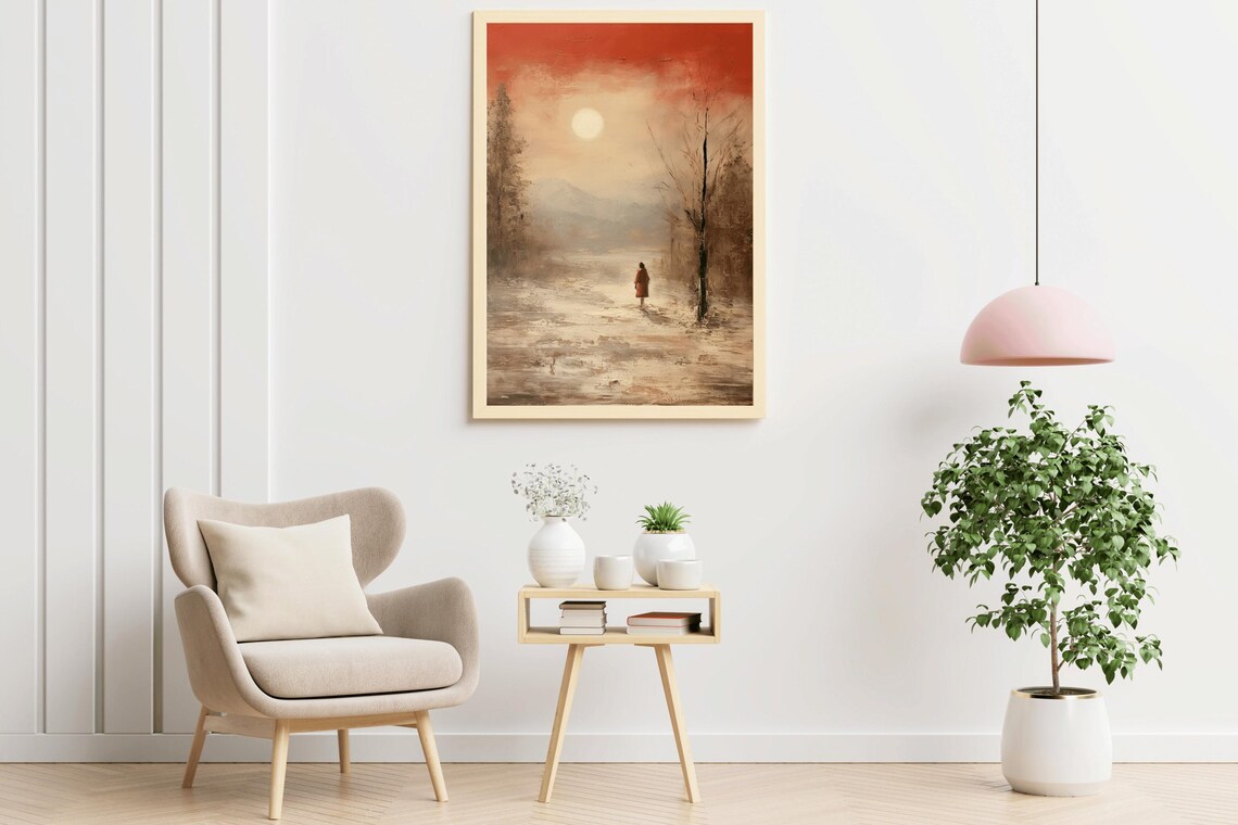 Lone Figure Red Coat Snowy Path Burnt Orange Sunset Winter Art Poster - Image 2