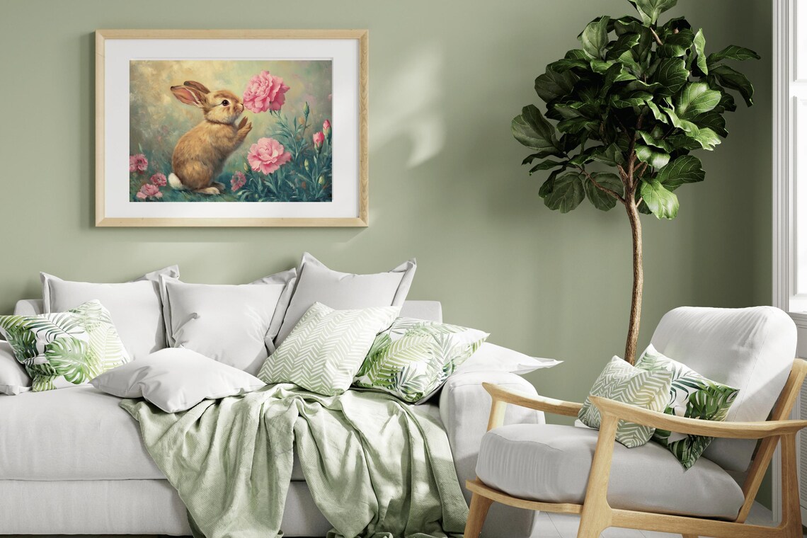 Cute Brown Bunny Sniffing Pink Carnations Vintage Oil Painting Nursery Wall Poster - Image 5
