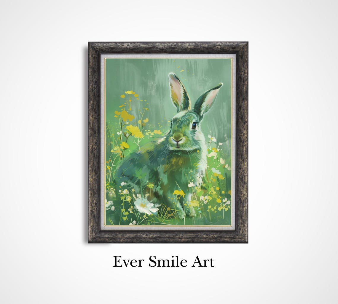 Green Bunny In Wildflowers Vintage Spring Meadow Rabbit Art Poster