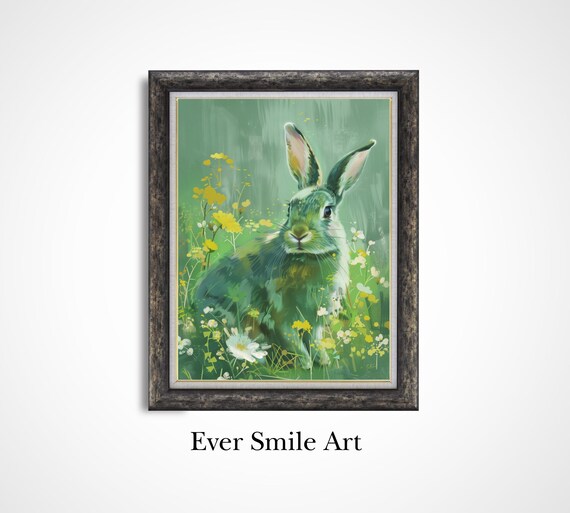 Green Bunny In Wildflowers Vintage Spring Meadow Rabbit Art Poster