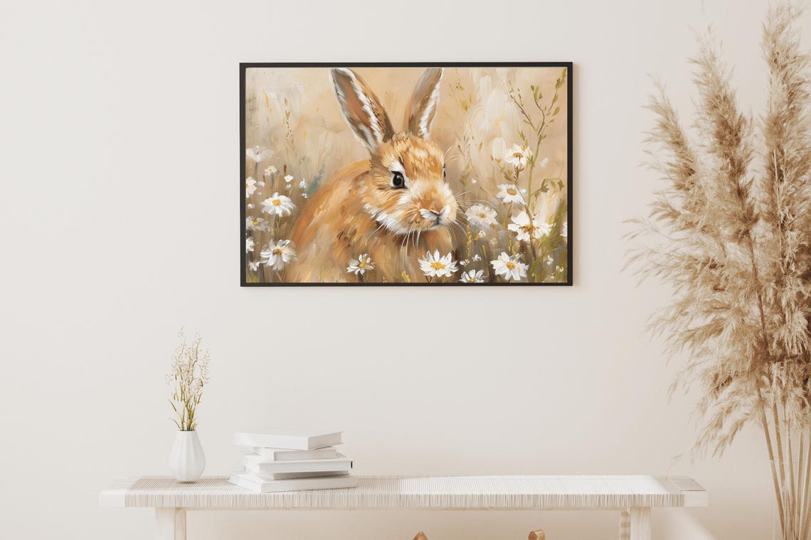 Brown Bunny In Daisy Field Soft Vintage Wildflower Rabbit Art Poster - Image 3