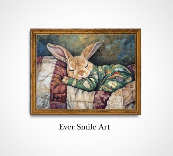 Sleeping Bunny In Green Pajamas On Cozy Quilt Vintage Wall Art Poster