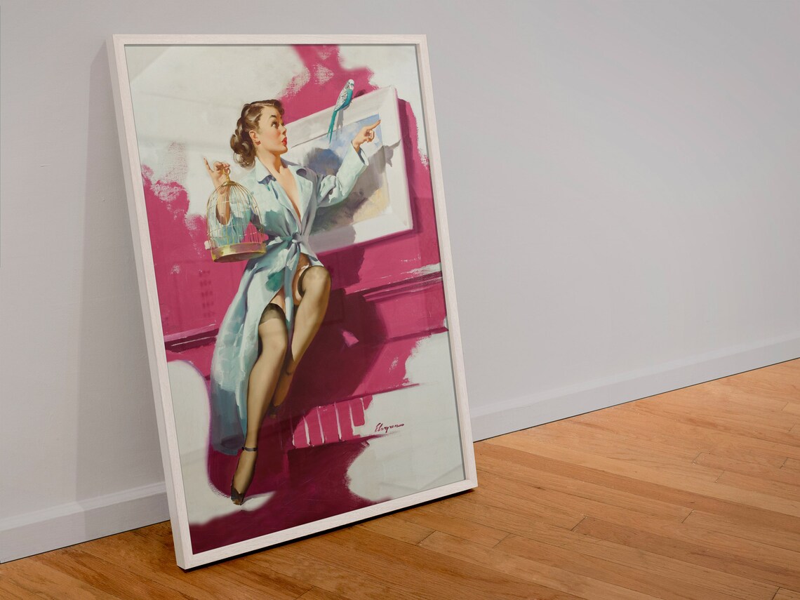 Elvgren Pretty Cagey Pin Up Girl Birdcage Parakeet Vintage Art Poster - Image 4