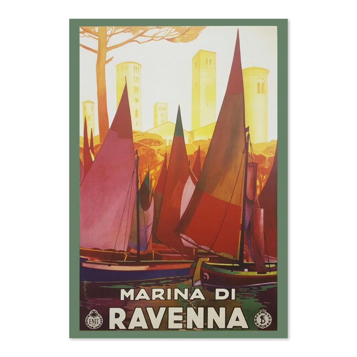 Marina di Ravenna Vintage Italian Travel Poster Sailboats Sunset View