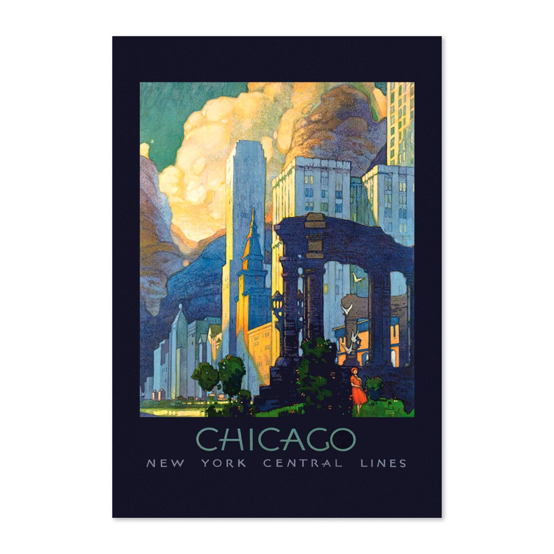 Chicago New York Central Lines Skyline Vintage Railway Travel Poster