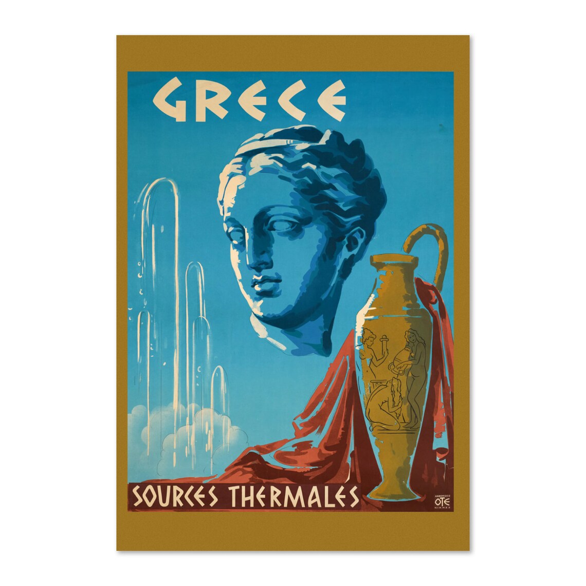 Greece Sources Thermales Thermal Springs Vintage Travel Poster