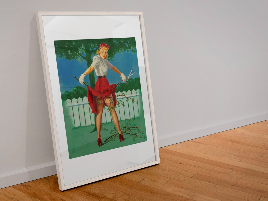 Gil Elvgren Pruning Pin-Up Girl Red Skirt Garden Mishap Poster - Image 4