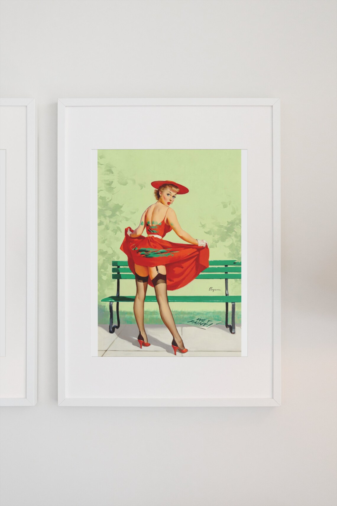 Elvgren Pin Up Girl Wet Paint Bench Red Dress Vintage Art Poster - Image 3