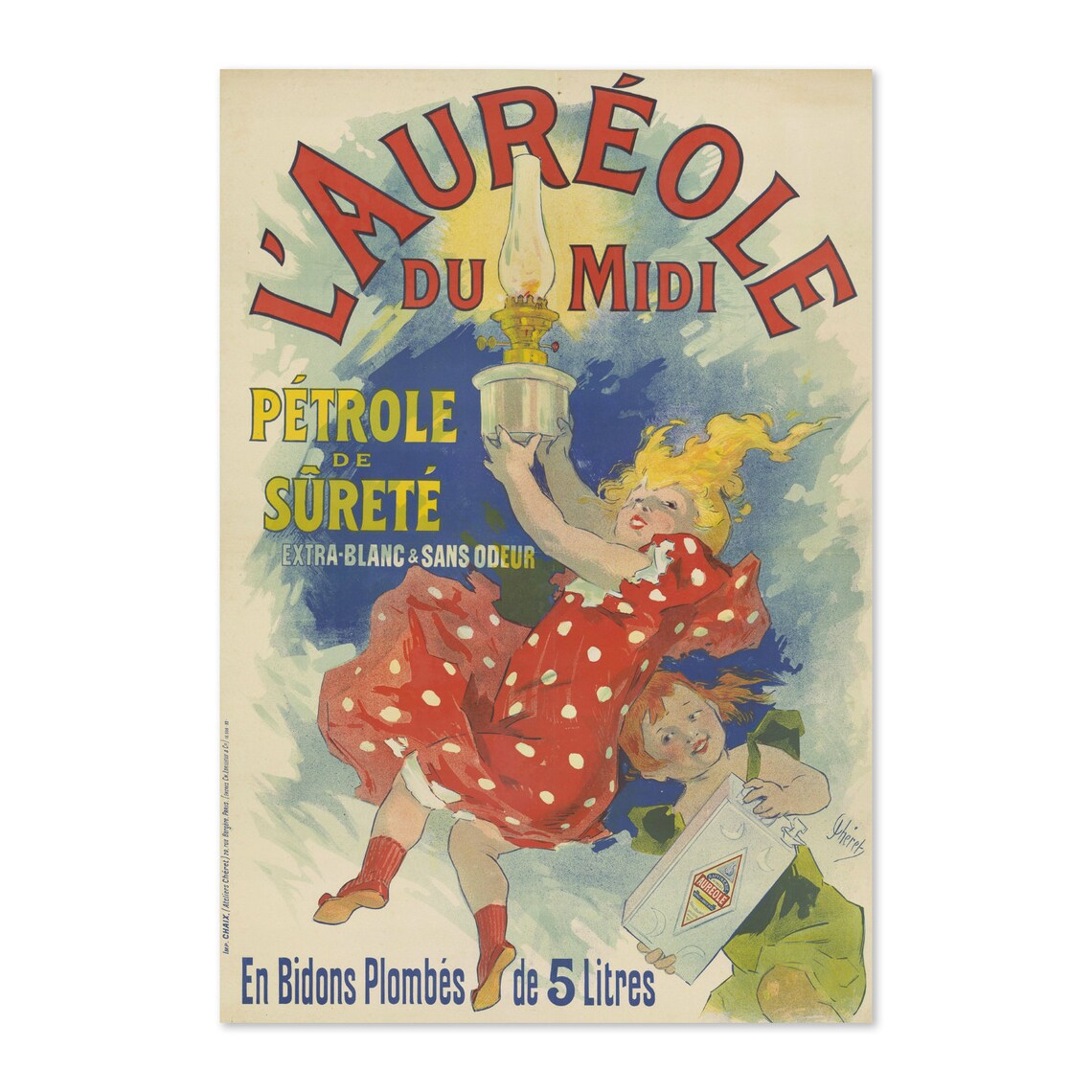 L Aureole Du Midi Cheret Oil Lamp Girl Vintage French Poster