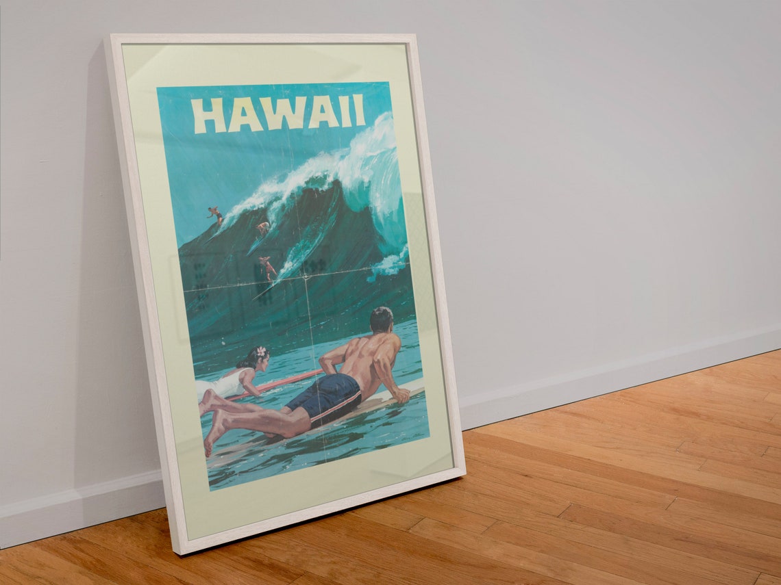 Hawaii Surfers Riding a Big Towering Wave Vintage Travel Poster - Image 4