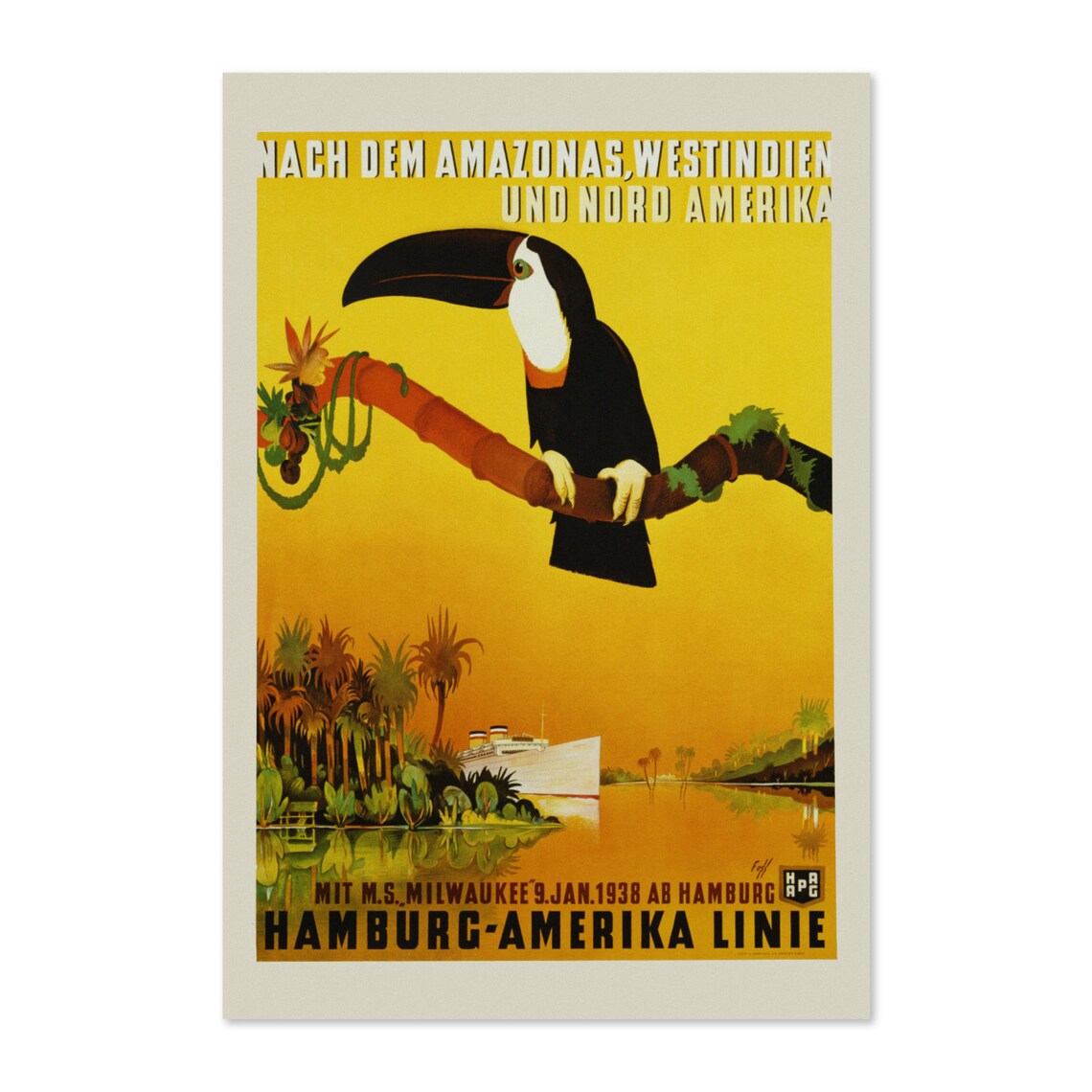Hamburg Amerika Line Toucan Amazon Cruise Vintage Travel Poster