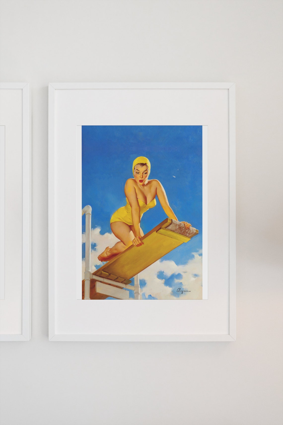 Elvgren High and Shy Yellow Swimsuit Diving Board Vintage Poster - Image 3