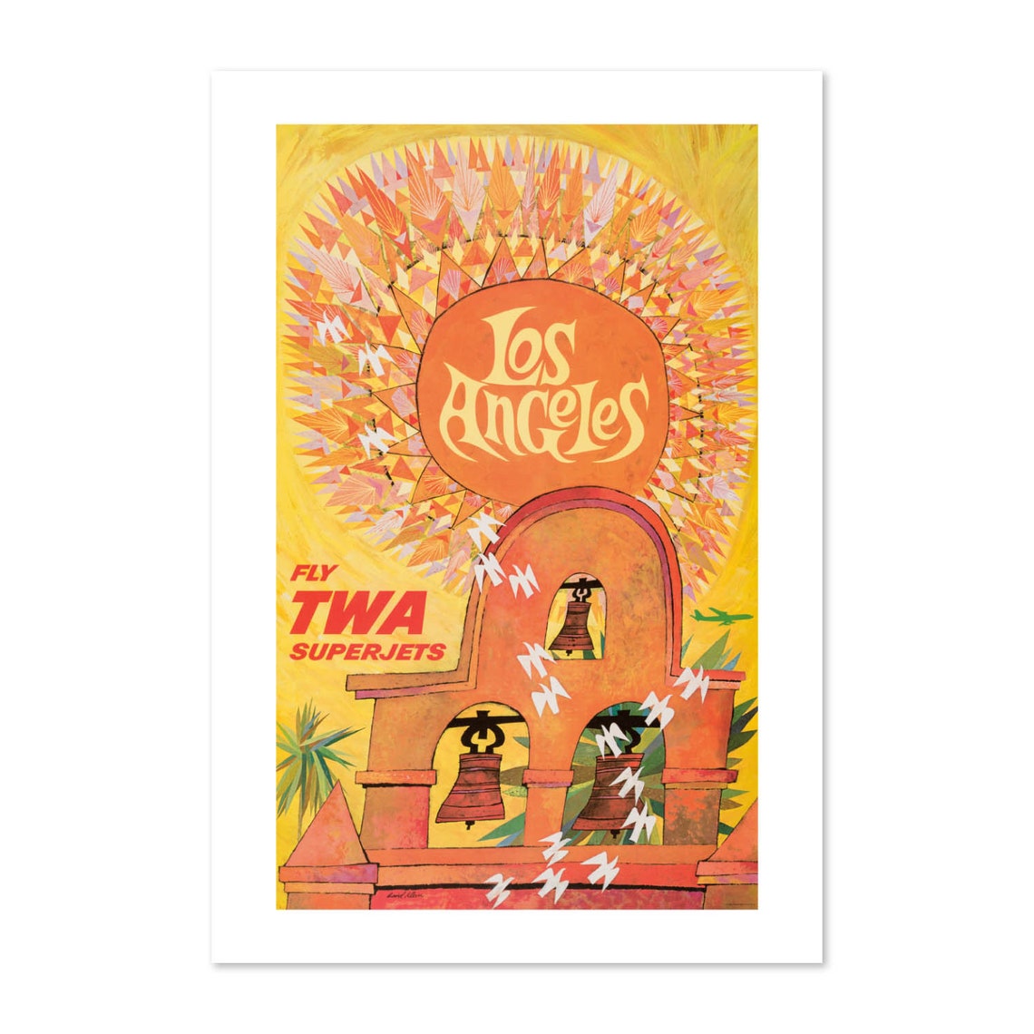 Los Angeles Fly TWA Superjets Mission Bells Vintage Airline Poster