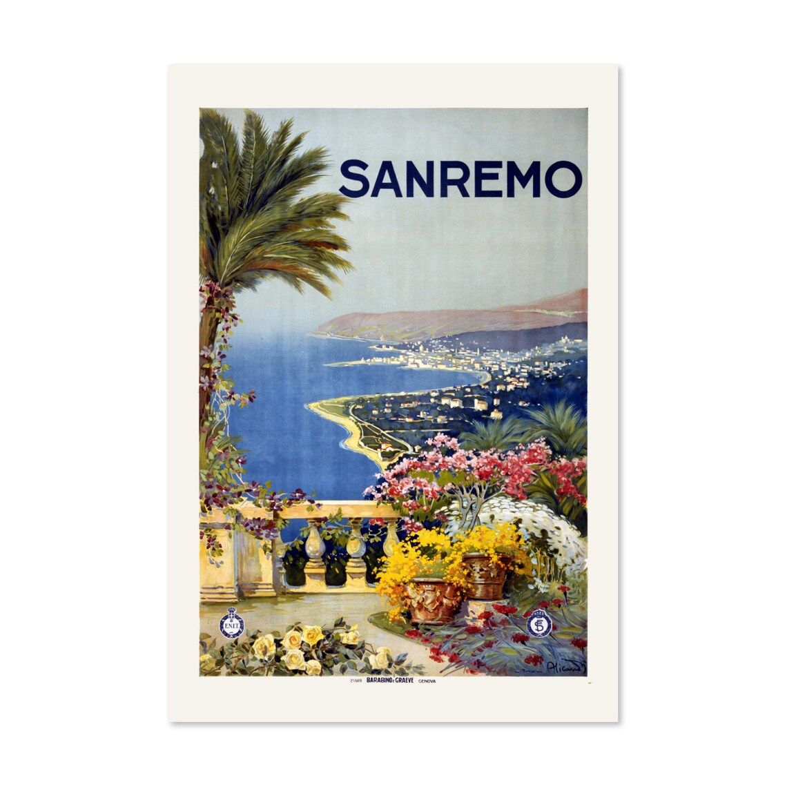 Sanremo Italy Floral Bay Terrace Classic Vintage Travel Poster