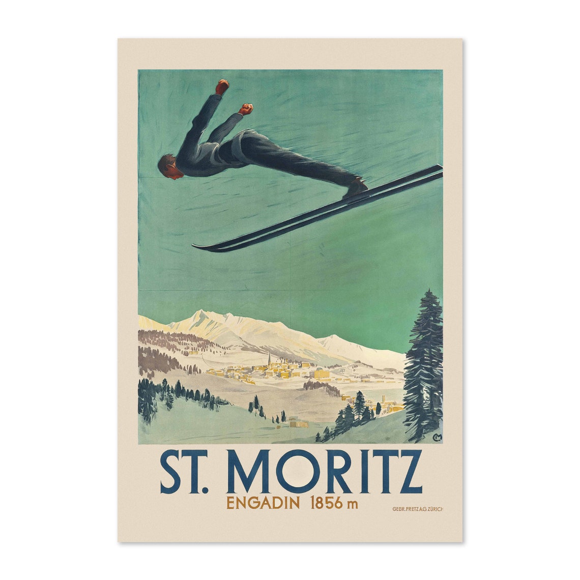 St. Moritz Engadin 1856m Vintage Swiss Classic Ski Jumping Poster