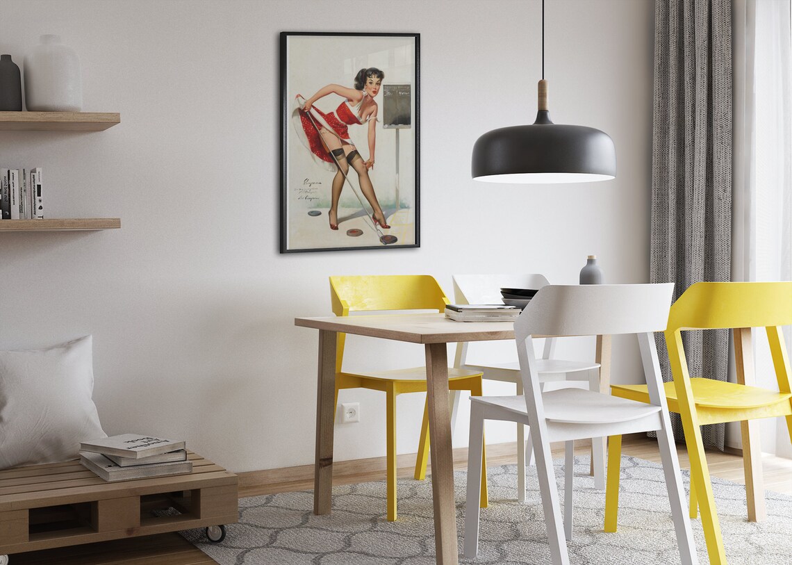 Vintage Elvgren Shuffleboard Pin Up Girl Red Dress Art Poster - Image 2