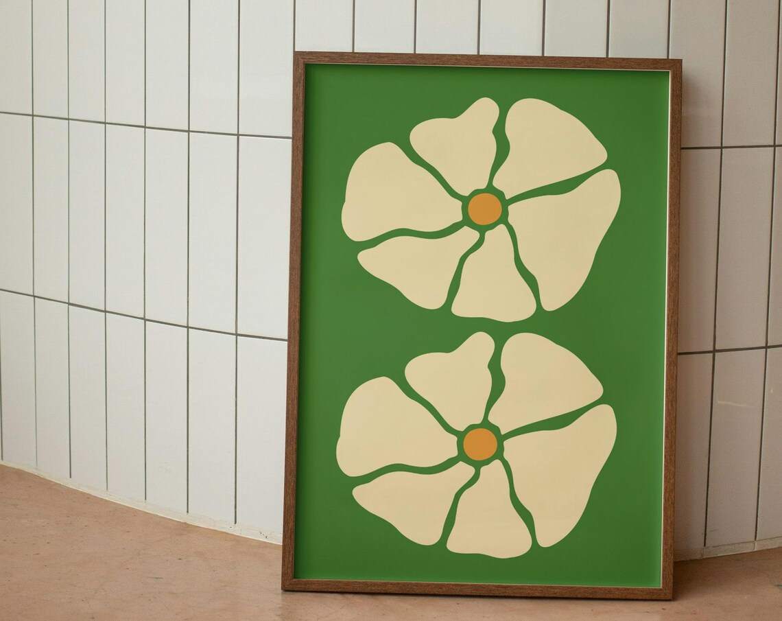 Retro Midcentury Cream Flowers on Green Background Art Poster