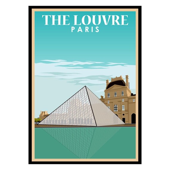 The Louvre Paris Museum Glass Pyramid Vintage Travel Poster Teal