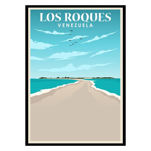 Los Roques Venezuela Caribbean Sandbar Beach Vintage Travel Poster