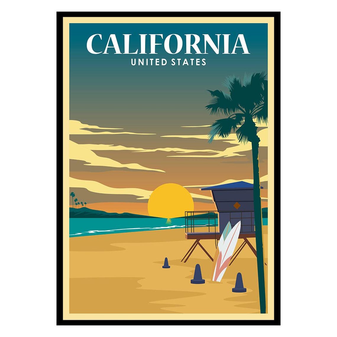 California Sunset Beach Lifeguard Tower Surfboard Vintage Wall Poster