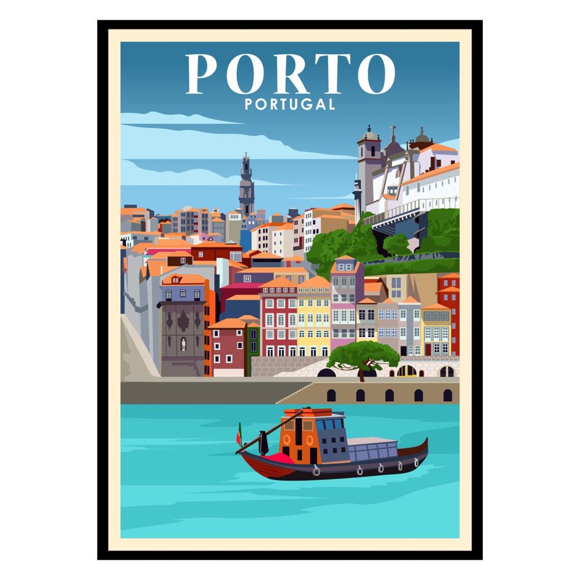 Porto Portugal Riverside Houses Rabelo Boat Vintage Travel Poster