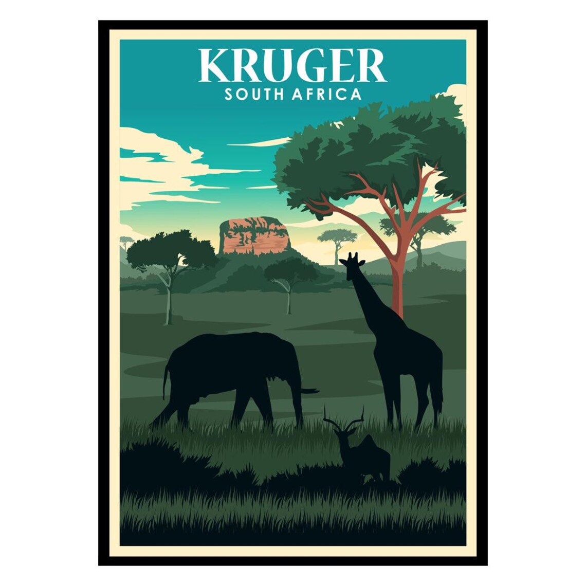Kruger South Africa Safari Travel Poster Elephant Giraffe Sunset