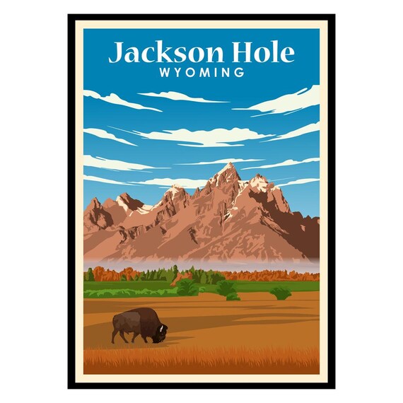 Jackson Hole Wyoming Bison Teton Mountains Vintage Travel Poster