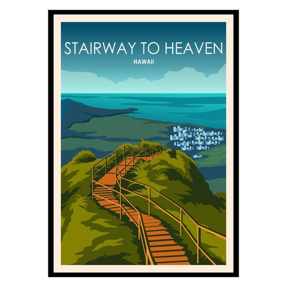 Stairway to Heaven Hawaii Hiking Stairs Vintage Travel Ocean View Poster