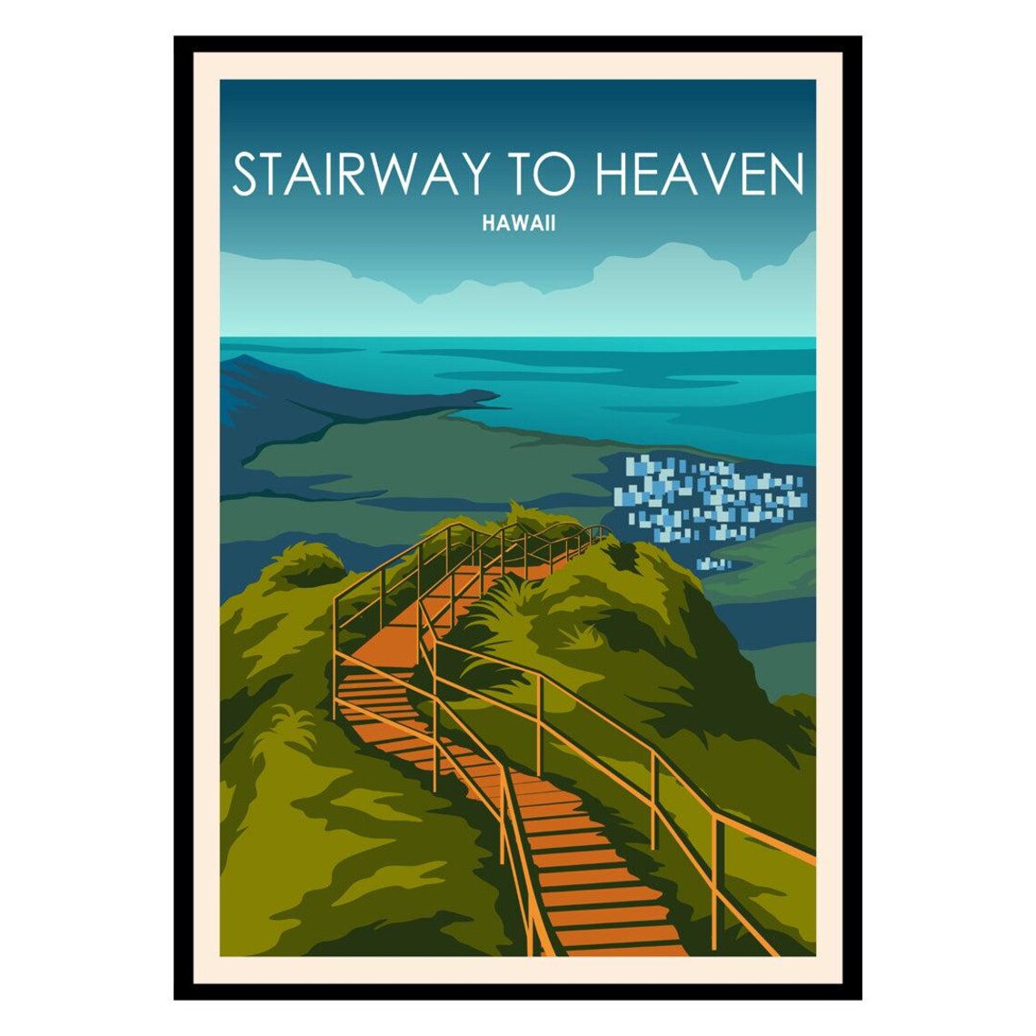 Stairway to Heaven Hawaii Hiking Stairs Vintage Travel Ocean View Poster
