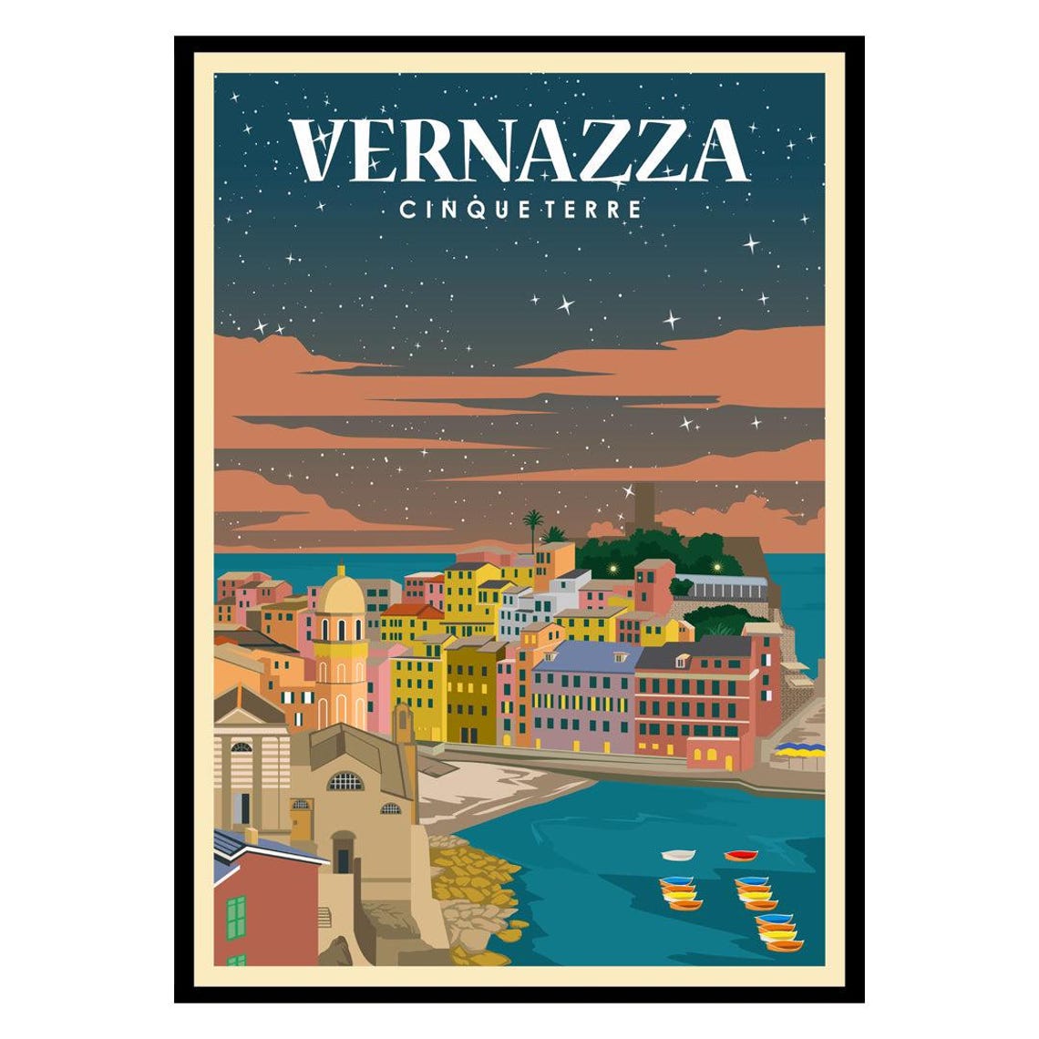 Vernazza Cinque Terre Night Village Starry Coast Travel Poster