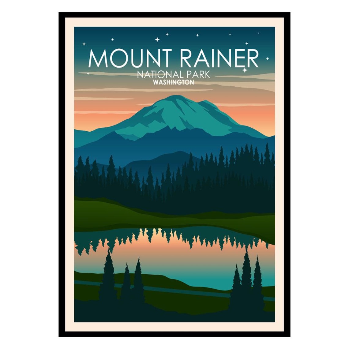Mount Rainier National Park Washington Sunset Vintage Travel Poster