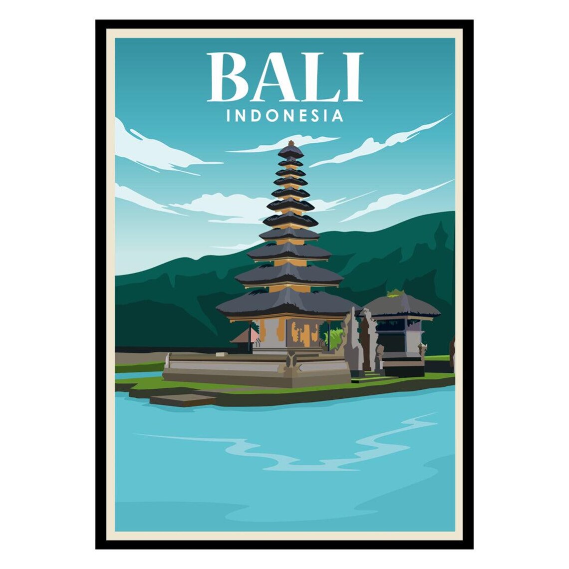 Bali Indonesia Travel Poster Temple Lake Pagoda Island Vacation Art