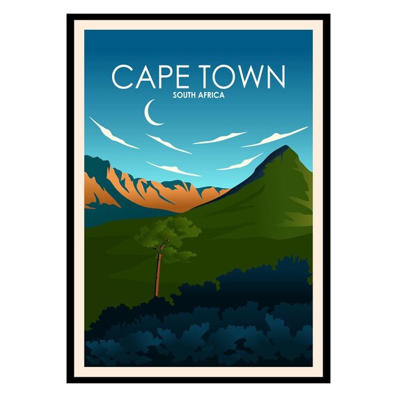 Cape Town South Africa Scenic Mountain Moon Vintage Travel Poster