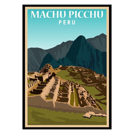 Machu Picchu Peru Vintage Mountain Ruins Travel Illustration Poster