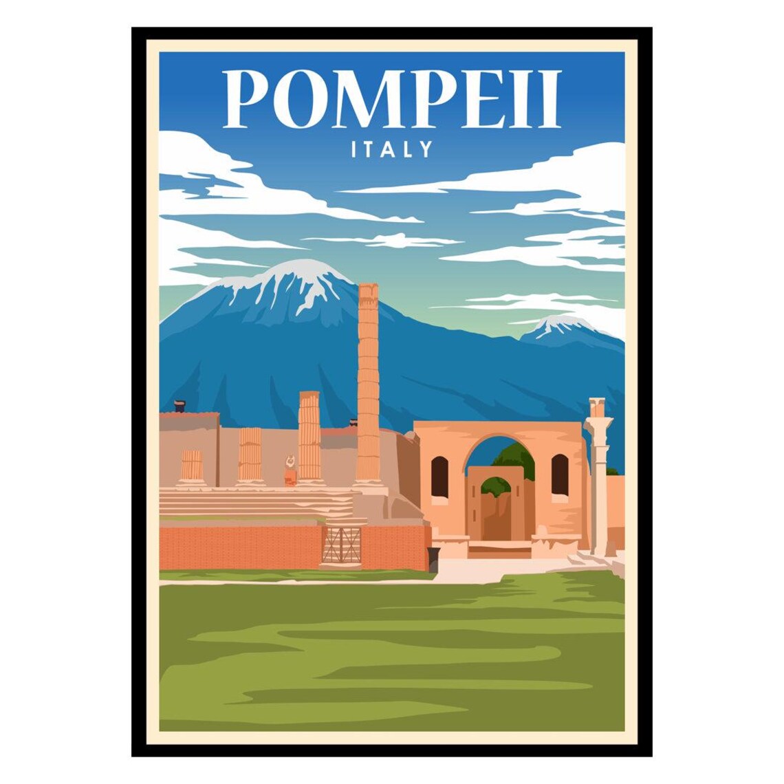 Pompeii Italy Ancient Ruins and Mount Vesuvius Travel Poster