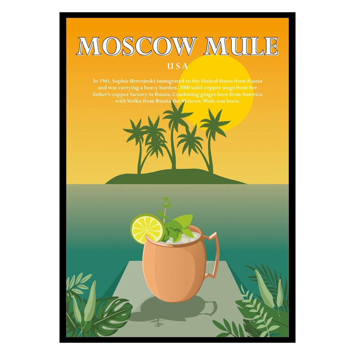 Moscow Mule USA Copper Mug Cocktail Recipe Tropical Bar Poster