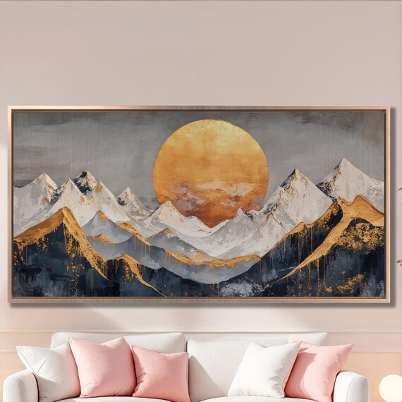Golden Sun Over Mountains Wall Art Mountain Landscape Painting Print Modern Luxury Wall Decor Abstract Nature Poster Ready To Hang