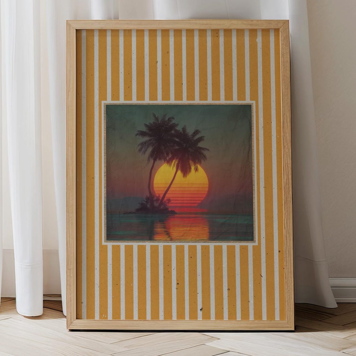 Vintage Palm Tree Sunset Orange Striped Border Coastal Beach Poster
