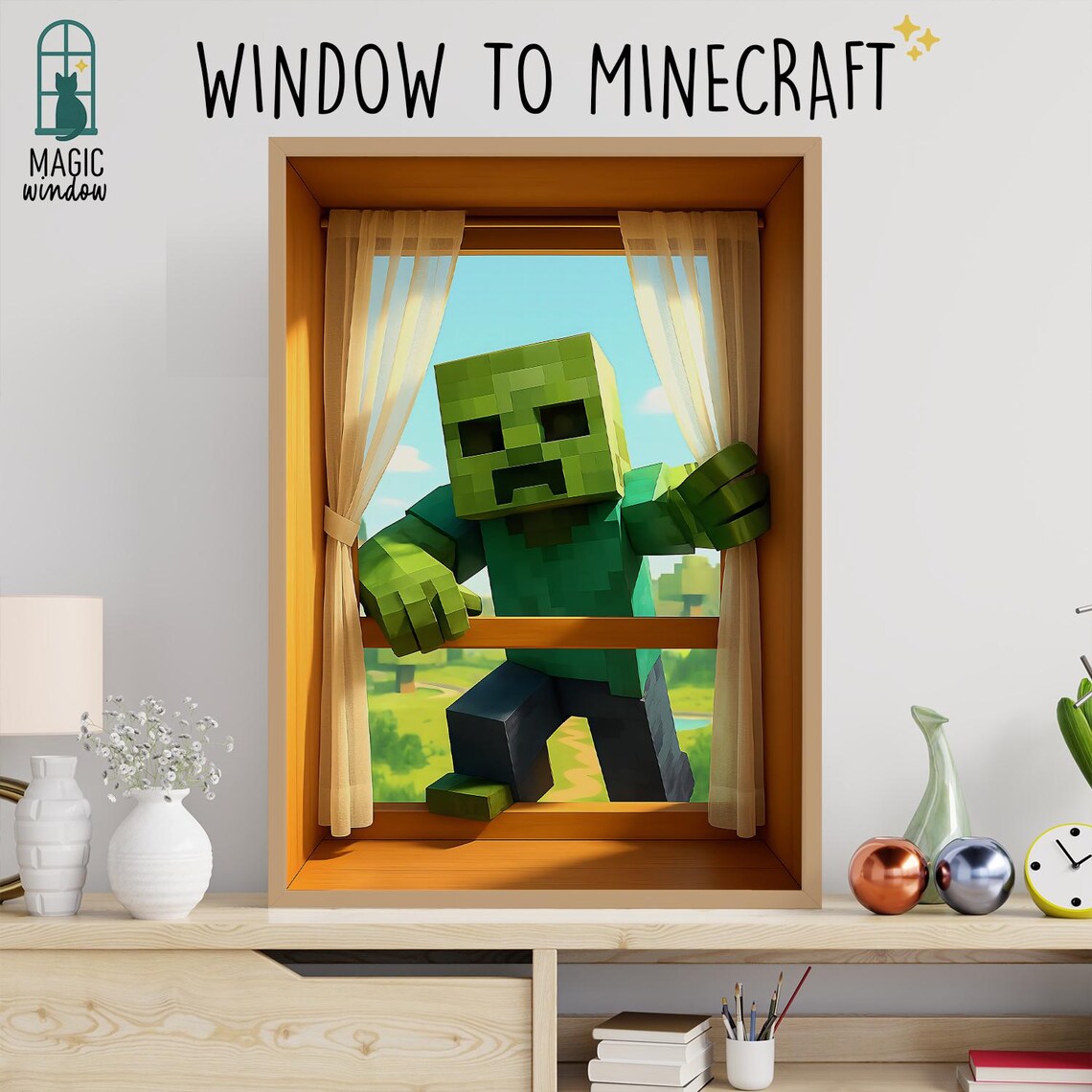 Window To Minecraft Blocky Zombie Peeking Through Window Gaming Art Poster