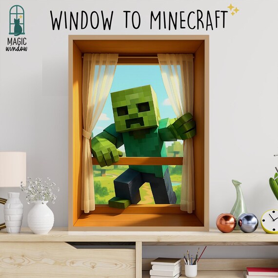 Window To Minecraft Blocky Zombie Peeking Through Window Gaming Art Poster