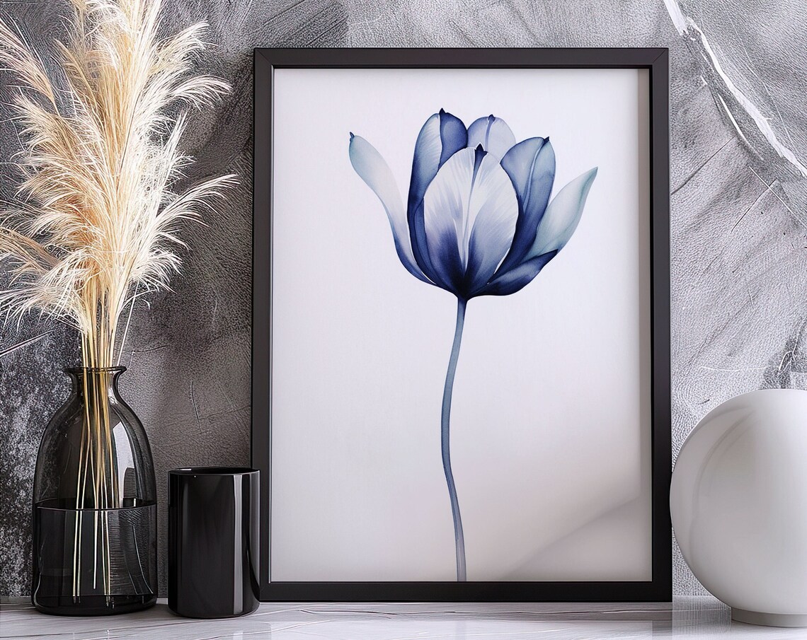 Navy Blue Tulip Watercolor Dark Bloom Single Stem Botanical Art Poster