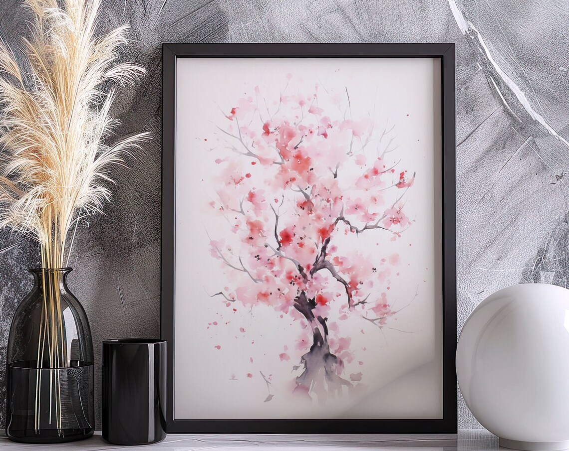 Delicate Pink Cherry Blossom Tree Watercolor Spring Art Poster