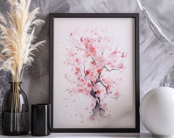 Delicate Pink Cherry Blossom Tree Watercolor Spring Art Poster