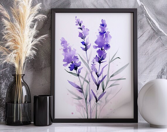 Purple Lavender Watercolor Flowers Minimalist Botanical Art Poster